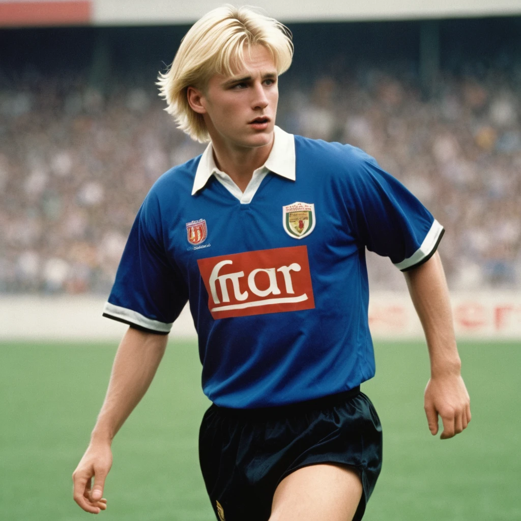 A blond male football player with short hair, shirt 10 of a team with the blue uniform and black shorts from the 90s
