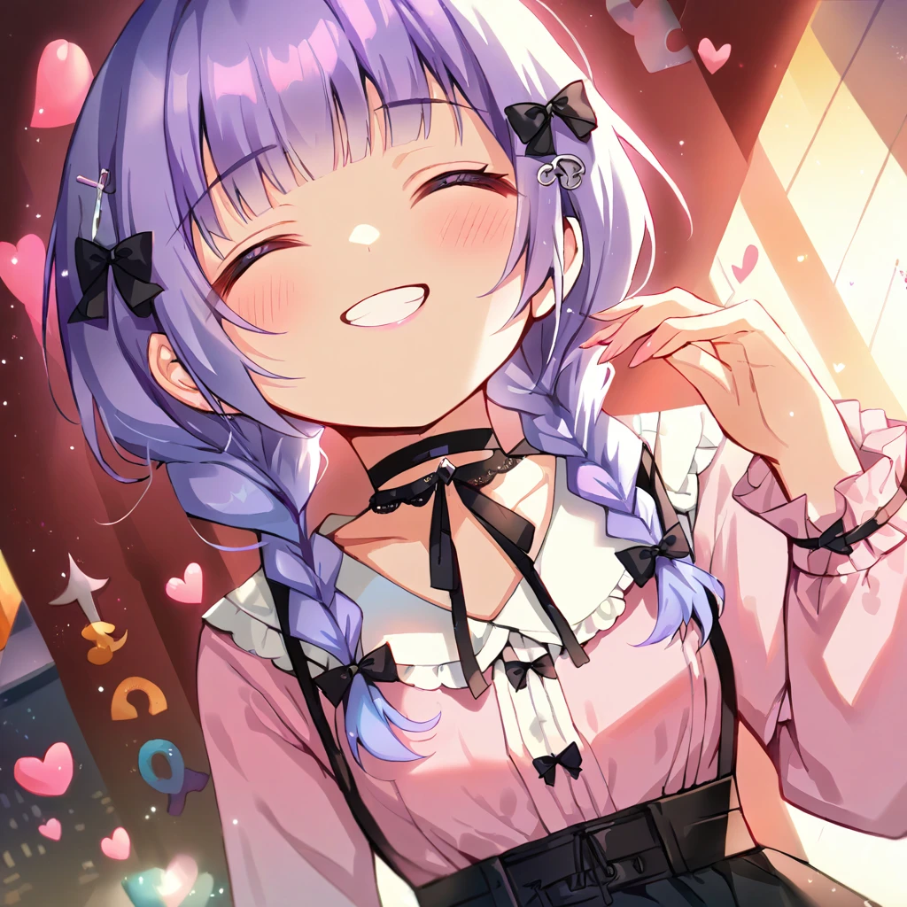 a masterpiece, beautiful eyes, a beautiful face, beautiful depiction, details, solid blue Skyscrapers background, ultra detailed, 8K, masterpiece, ultra detailed, 8K, solid blue Skyscrapers background, full body shot, Angle looking up from below.happy, a girl, kawaii, light atmosphere, mysterious atmosphere, (Cute a girl:1.5), (a girl with closs hair pin,pale purple hair,wavy two braids,bluntbangs hair,green and black eyes,
pink shirt,cosplay, jirai kei, bangs, black skirt, black bow, looking at viewer, bow, long sleeves, choker, ribbon,pink lips,Thick-soled boots,portrait shot :1.4),boots focus,
(masterpiece:1.3), anime visual, (Lovey-dovey:1.5), (tilt head:1.3), extremely delicate face, soft clean focus, realistic lighting and shading, (an extremely delicate and beautiful art:1.3),a girl closed her eyes, grin, and put her hands to her cheeks.