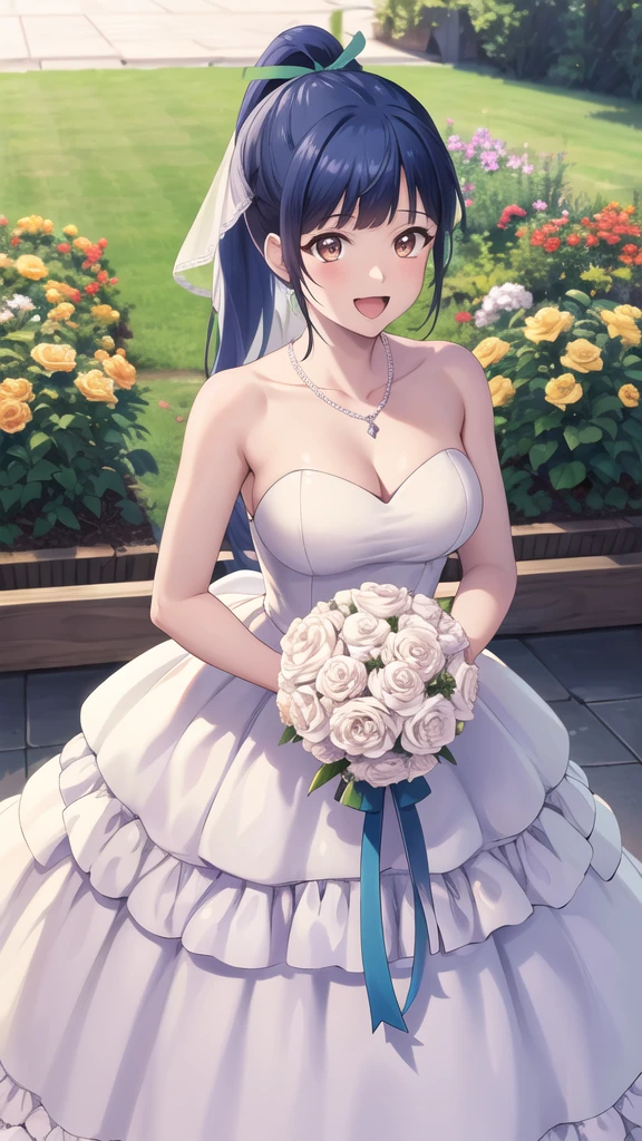 masterpiece, best quality, highres, 1girl, solo, long hair, blue hair, ponytail, hair ribbon, brown eyes, wedding dress, white dress, strapless, necklace, garden, holding bouquet, smile, open mouth, standing, cowboy shot, confetti,