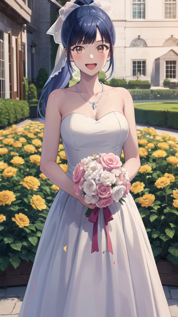 masterpiece, best quality, highres, 1girl, solo, long hair, blue hair, ponytail, hair ribbon, brown eyes, wedding dress, white dress, strapless, necklace, garden, holding bouquet, smile, open mouth, standing, cowboy shot, confetti,