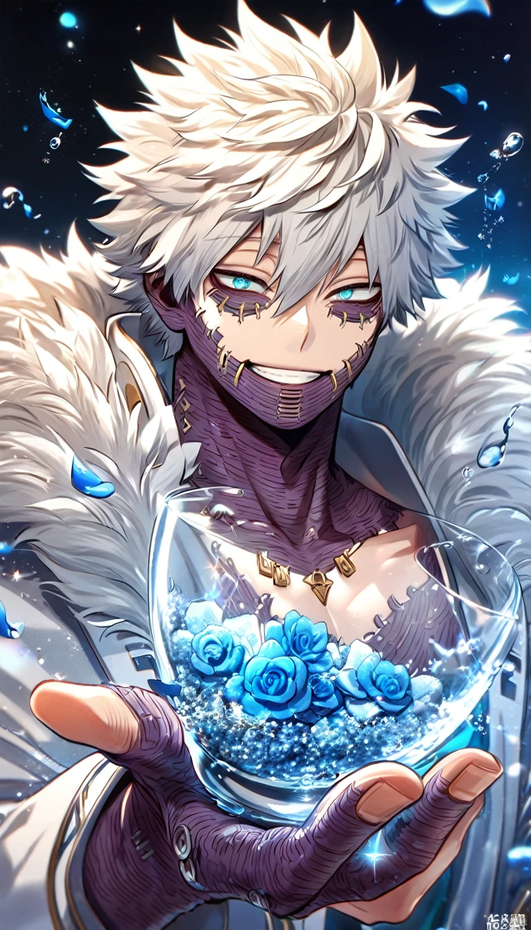absurdres, highres, ultra detailed, HDR, master piece, best quality, extremely detailed, Dabi, white hair, expressive turquoise eyes, Boku No Hero Academia, solo, sexy man, handsome, smiling, white coat with fur, magical, fantasy, glittering, sparkling, glass, blue flowers, blue petals, water, blue moon