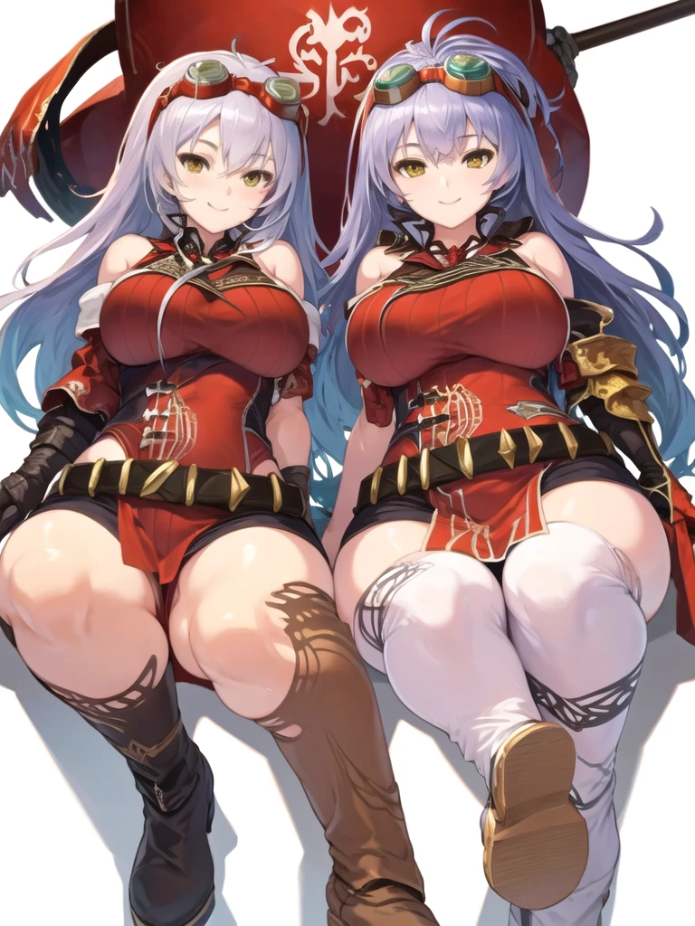 arnice, 1girl, bare_shoulders, belt, boots, breasts, gauntlets, goggles_on_head, long_hair, looking_at_viewer, simple_white_background, std, beautiful, amber colored yellow eyes, light smile, portrait chest to head, (masterpiece:1.2), (best quality:1.2)