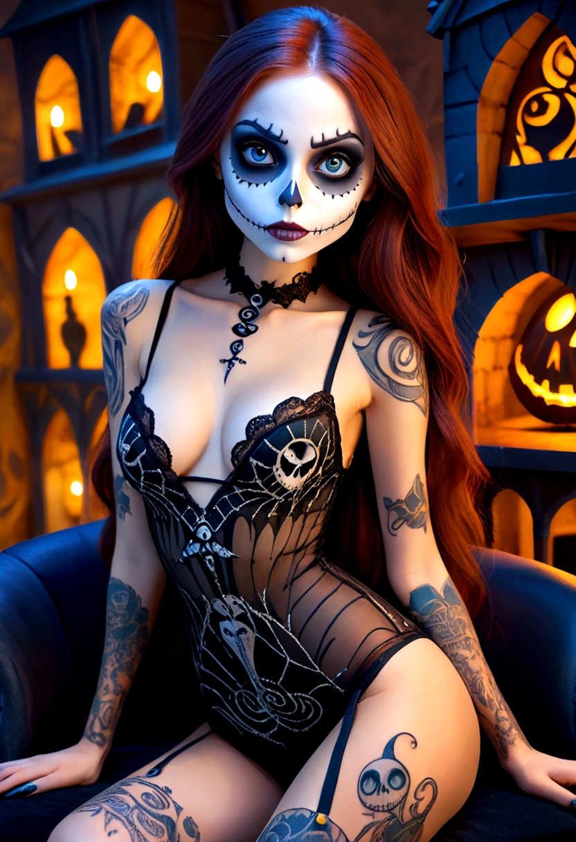 Create a hyper detailed photograph of a nightmare before Christmas tattoos young sexy stunning gorgeous sally Skellington, Stunningly perfect gorgeous face, perfect makeup, detailed vibrant eyes, long hair,detailed perfect beautiful legs, detailed perfect beautiful arms, realistic torso, detailed silky smooth skin texture, detailed silky smooth perky breast, perfect round ass, transparent strappy lace lingerie dress, back to viewer, looking forward,