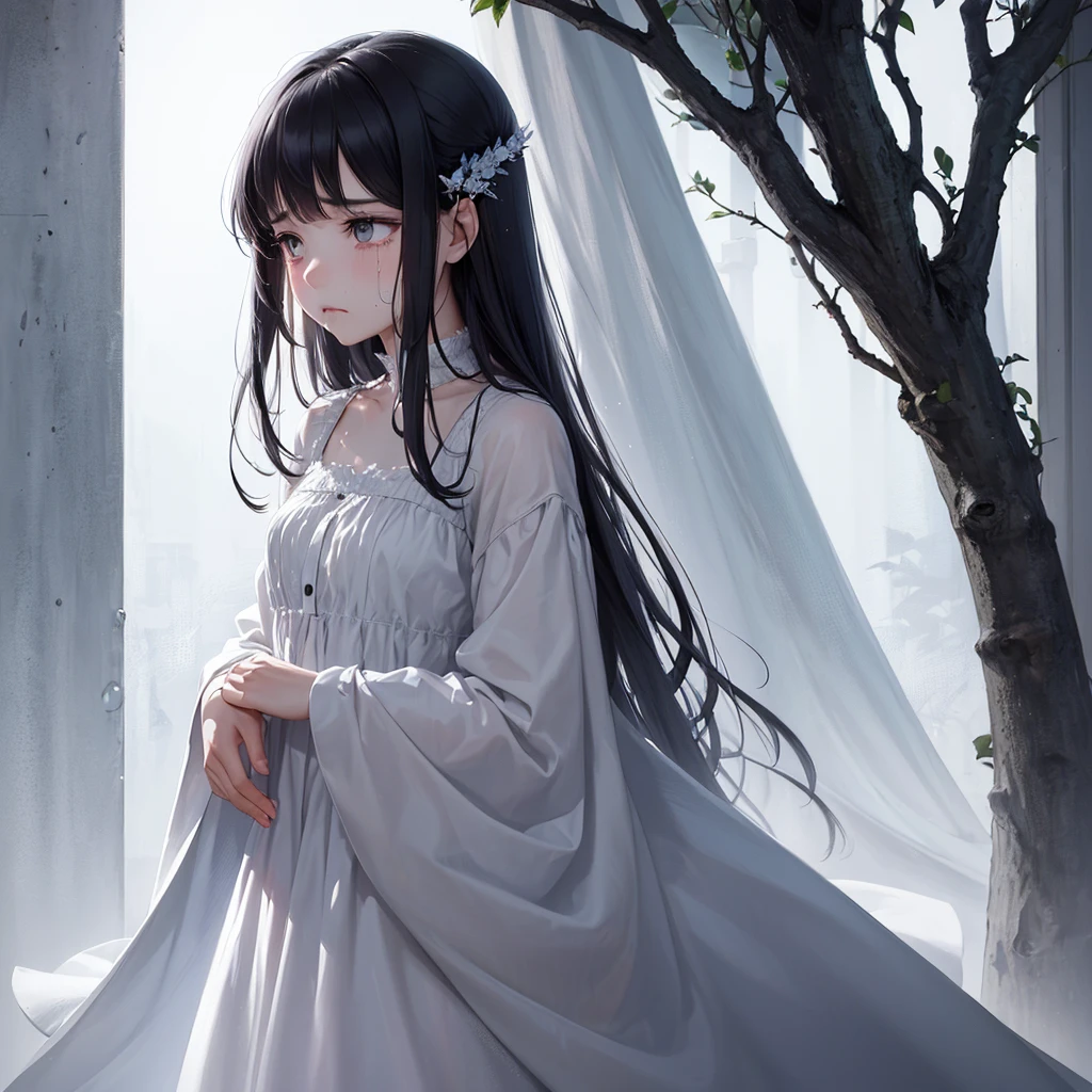 A sad girl with a sad expression, she has sad clothes, She is always crying and has a droopy and discouraged face with clothes and appearance that portray sadness and loneliness., She resembles a mystical being, but it looks elegant, And she also looks like a fairy, the fairy of sadness