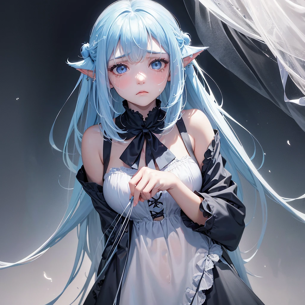 A sad girl with a sad expression, she has sad clothes, She is always crying and has a droopy and discouraged face with clothes and appearance that portray sadness and loneliness., She resembles a mystical being, but it looks elegant, And she also looks like a fairy, the fairy of sadness