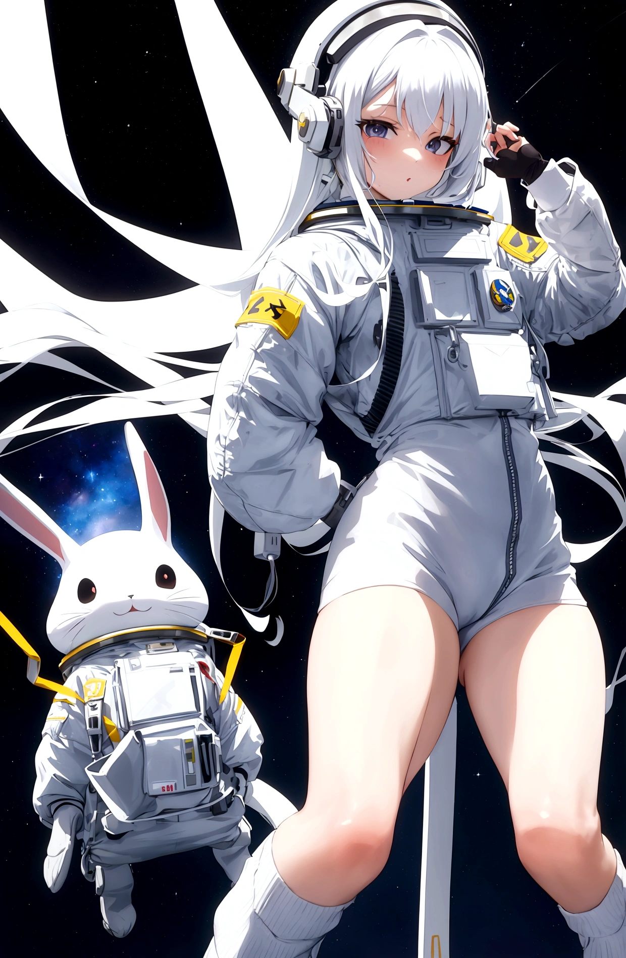 Astronaut and sexy rabbit girl with white hair floating in space while looking ahead with a sexy pose
