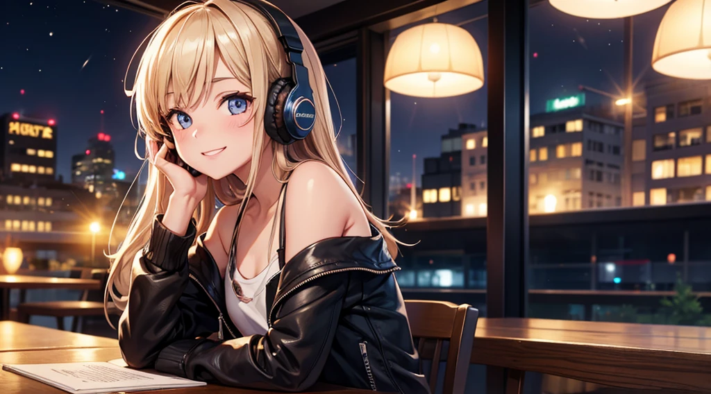 Girl with headphones enjoying music in a cafe　I am studying　Emphasize a little bit of the big chest　Looking this way and smiling　Night Background