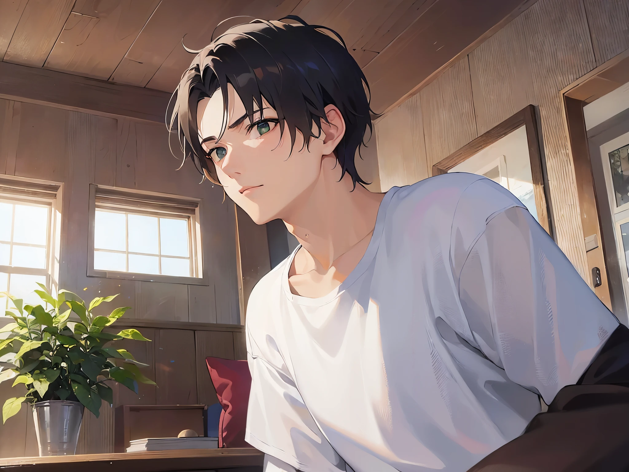 (25-year-old male:1.5)and (Brown short hair) and (Green Eyes),upper body、masterpiece、Highest quality、The background is the living room、serious、(Alone:1.5),Wearing a white T-shirt、Greeting