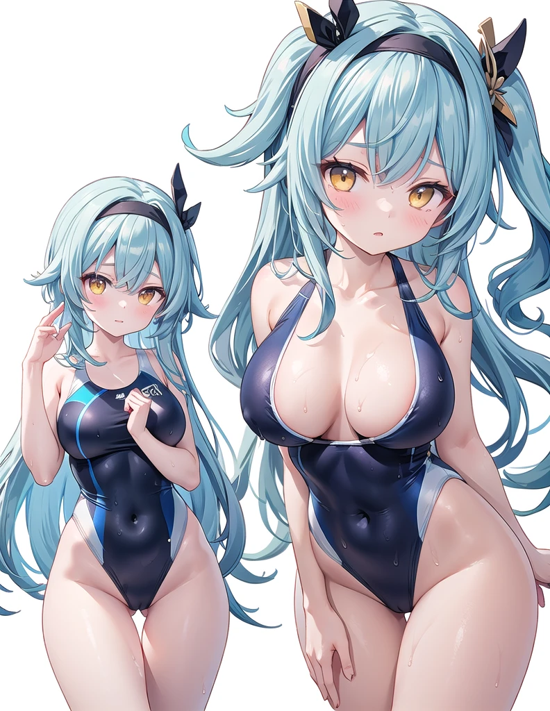  1girl, long hair, breasts, looking at viewer, blush, bangs, large breasts, simple background, hair ornament, white background, bare shoulders, medium breasts, blue hair, collarbone, swimsuit, yellow eyes, ass, thighs, cowboy shot, hairband, hand up, medium hair, wet, one-piece swimsuit, covered navel, multiple views, highleg, thigh gap, black hairband, competition swimsuit, black one-piece swimsuit, ass focus, highleg swimsuit, eula \(genshin impact\)