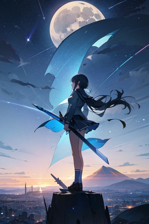 1 girl,Back view,Light gray uniform,skirt,Light blue sword,Mountain,city below,Night Sky,Moon on the top right,Shooting star in the center,A little far from the camera