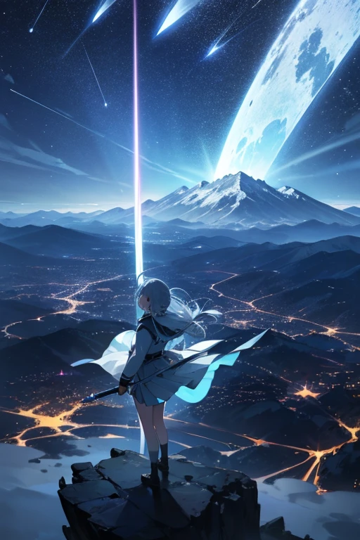 1 girl,Back view,Light gray uniform,skirt,Light blue sword,Mountain,city below,Night Sky,Moon on the top right,Shooting star in the center,A little far from the camera