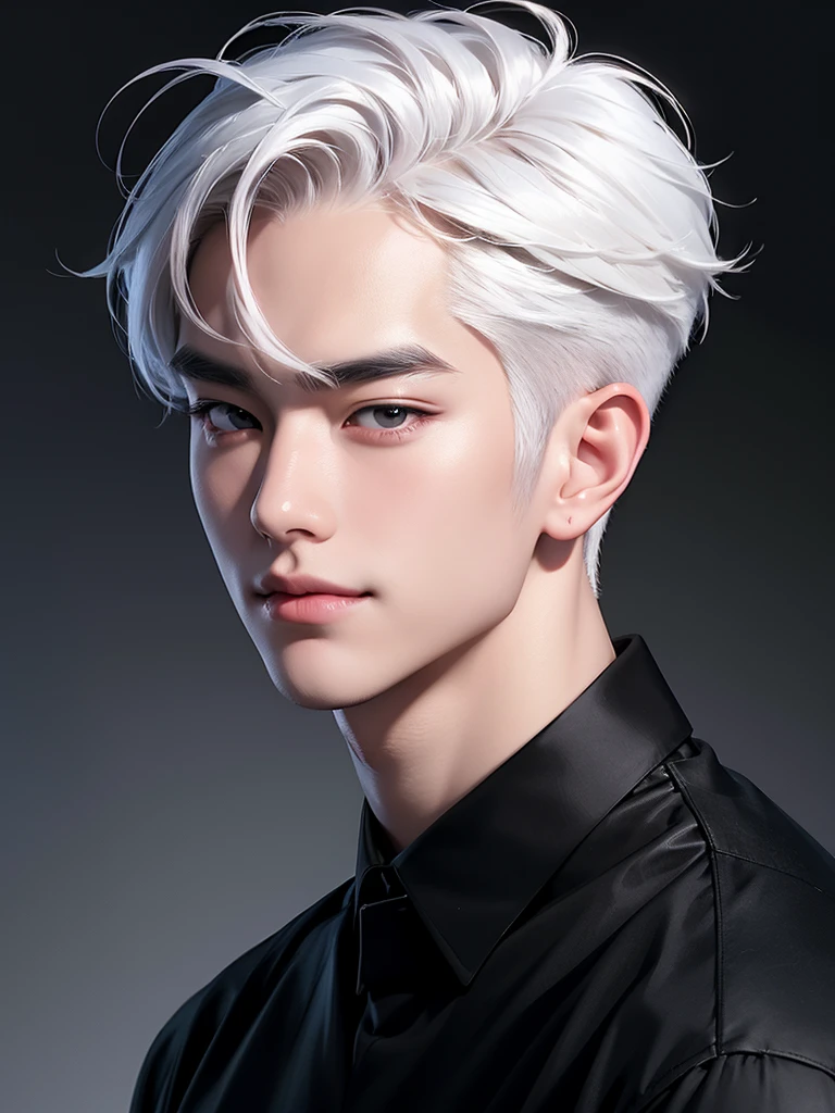 handsome korean boy, white hair, arrogant smile, fair skin, black shirt, black wallpaper, portrait angle, soft face, pink blush, lower angle, sexy