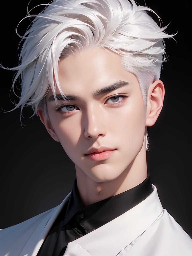 handsome korean boy, white hair, arrogant smile, fair skin, black shirt, black wallpaper, portrait angle, soft face, pink blush, lower angle, sexy