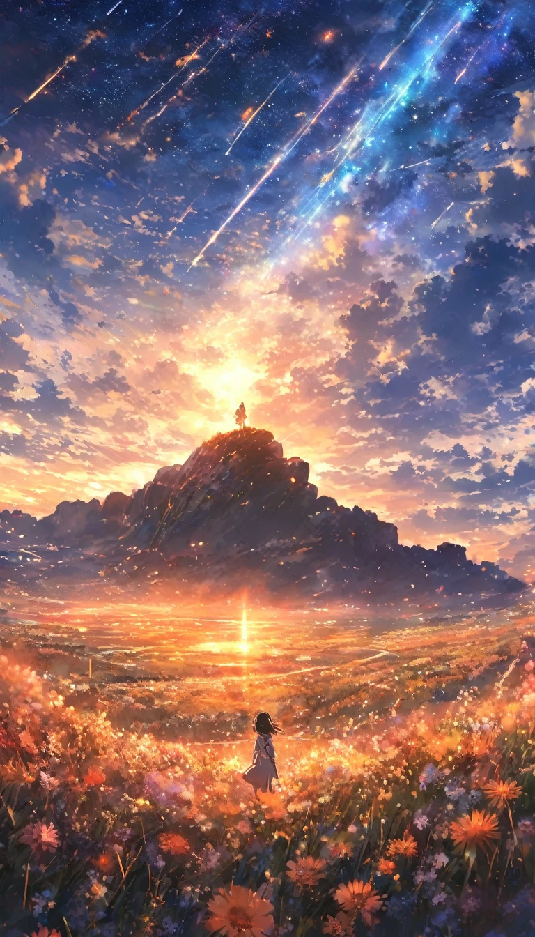 masterpiece, Concept Art, Panorama, figure, Wide Shot, One girl, Are standing, cliff, Flower Field, night, (Meteors), Space galaxy background, (A magnificent composition, Epic proportions), Dynamic Lighting, Bright colors, makoto shinkai, Your name was inspired,