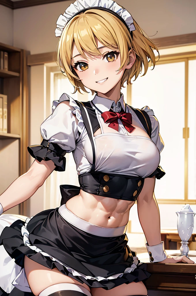 masterpiece, best quality, ultra detailed, ultra high resolution, very detailed face, solo, ((anime), 20 years old girl, (((cromtop, maid uniform))), ((golden short hair)), (((medium breast))), (six pack abs:1.2), ((little smile)), teeth, in the room