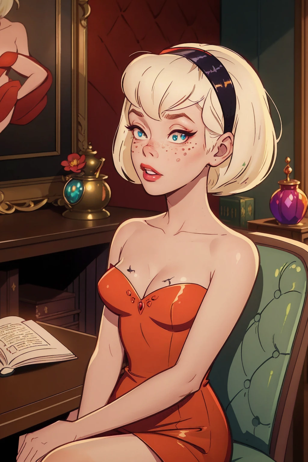 { masterpiece : best quality : high resolution : unity 8k wallpaper : illustration : beautiful detailed eyes : extremely detailed face : perfect lighting : extremely detailed CG }  { in a dark creepy library  } { Sabrina Spellman : : platinum blonde hair with red hairband : perfectly small shape breast : freckles : perfectly fit body :red dress: studying : sitting at a study table }