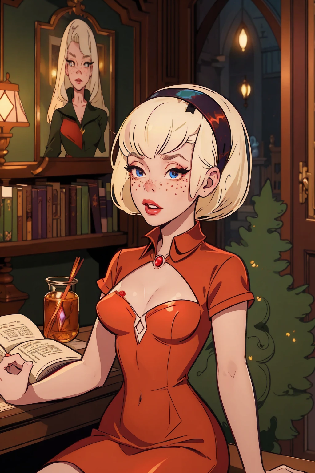 { masterpiece : best quality : high resolution : unity 8k wallpaper : illustration : beautiful detailed eyes : extremely detailed face : perfect lighting : extremely detailed CG }  { in a dark creepy library  } { Sabrina Spellman : : platinum blonde hair with red hairband : perfectly small shape breast : freckles : perfectly fit body :red dress: studying : sitting at a study table }