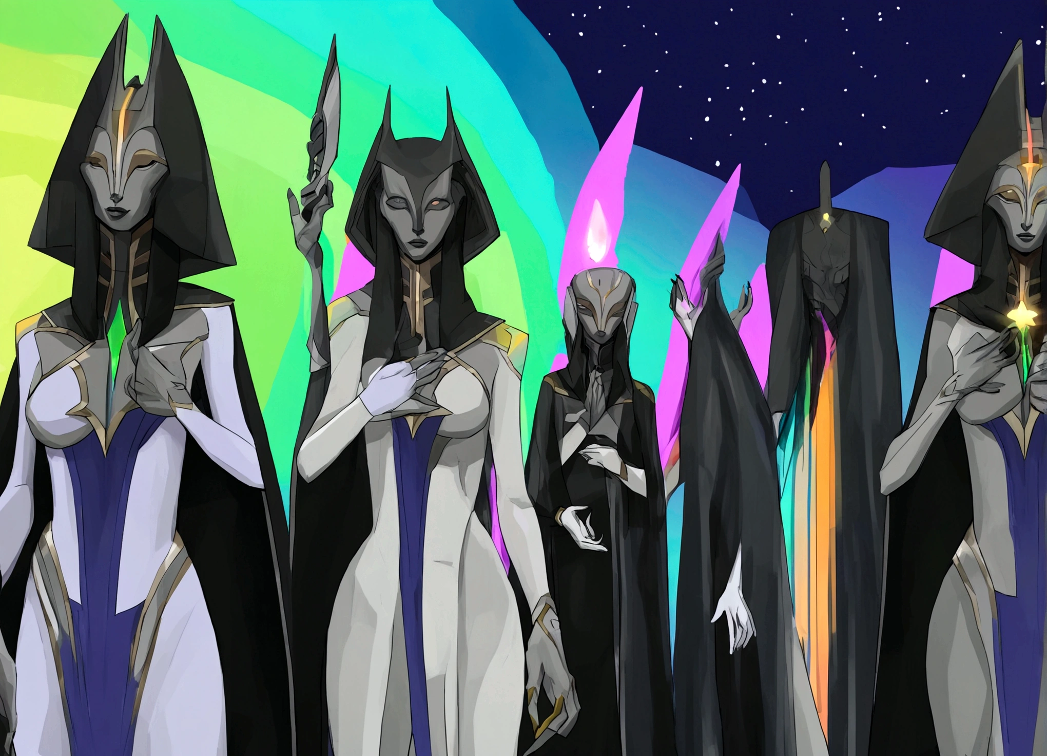 STar Wars, a coven of insane lesbian witches (many alien humanoid races, many colors, simple robe, nude underneath), in a stone archaic fortress, are doing a ritual calling on the dark side of the force to impregnate volunteers