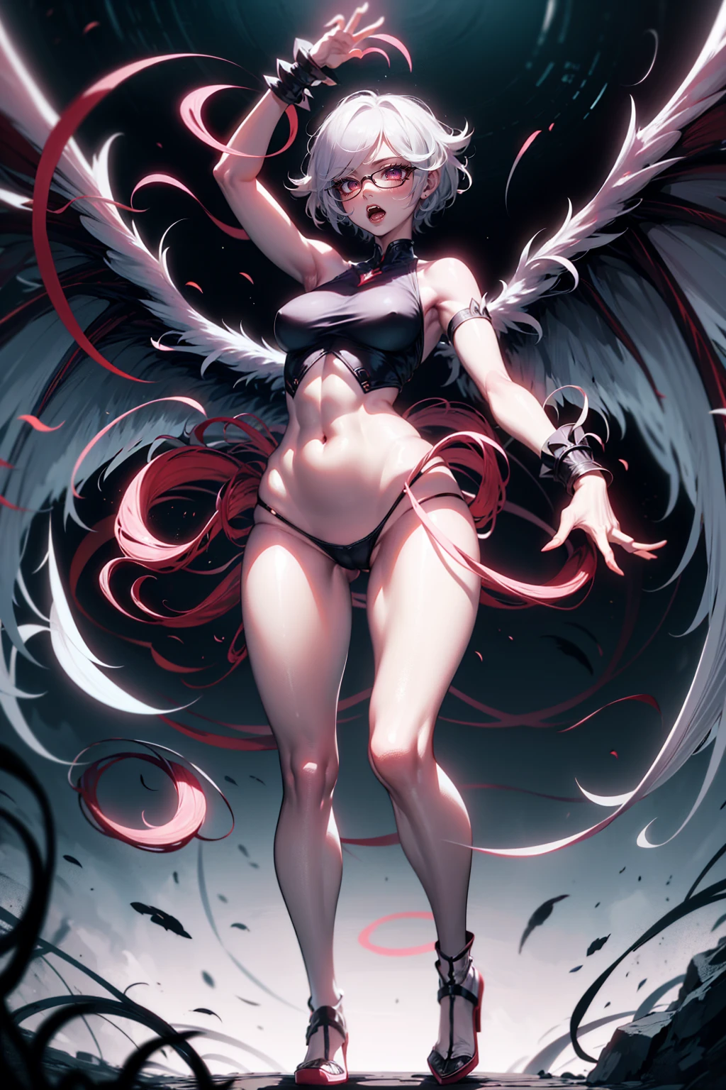 siren woman short hair tomboy, standing sexy with glasses, and white wings, Blue setting, movement pose, fully body, perfect hands