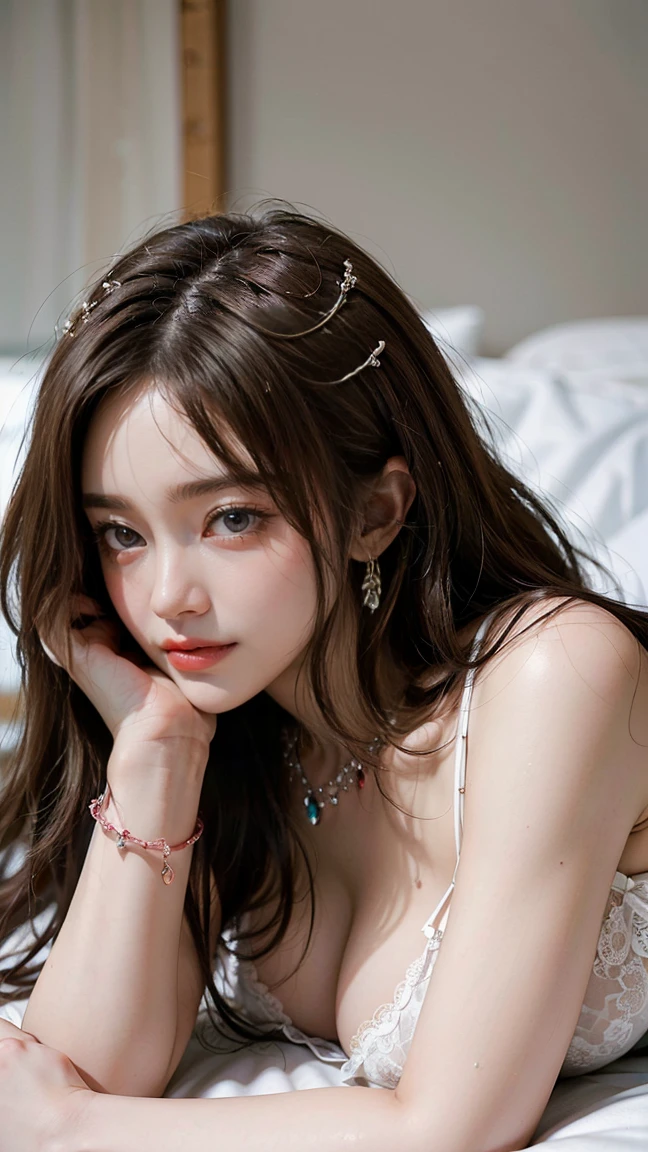 (masterpiece, Highest quality:1.3), (Super detailed:1.2), (hyperRealistic:1.3), (RAW Photos:1.2),High-definition RAW color photos, Professional photos, (PhotoRealistic:1.4), (Realistic:1.4), ,Professional Lighting, (Japanese), Beautiful Face, (Realistic face), Cute Woman, (Brown Hair, Big Breasts:1.5), (Bright smile:1.5), Trending Hair&Trending Hairカラーをランダムに, Earrings, necklace, bracelet, Sexy, erotic Sexy, Random sexy gravure poses, (Beautiful woman in pure white lingerie、Surrounded by roses、A fleeting expression、Fluffy long hair、Lying Pose。:1.3)