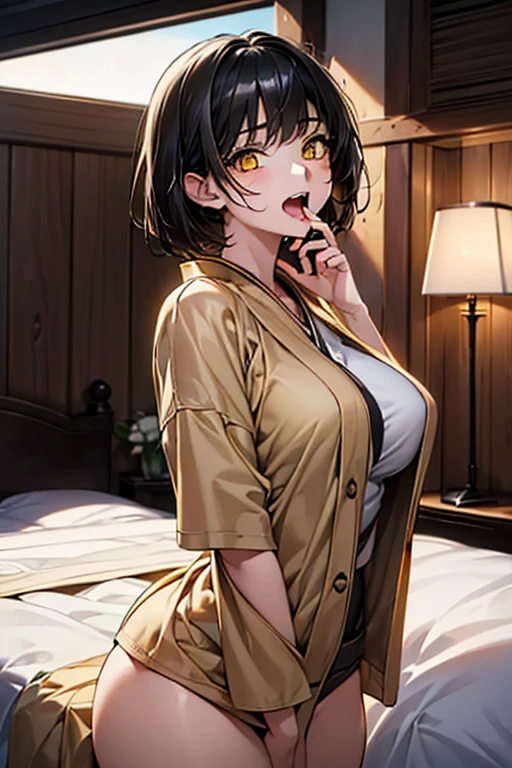 (masterpiece), ((最high quality)), (masterpiece,最high quality,Official Art,Highly detailed CG Unity 8k wallpaper)、Beautiful Japanese Woman、Detailed face、Smooth Skin、(Short black hair:1.5)、Calm expression、high quality、Realistic、((Hollow yellow eyes:1.4))、Captivating smile、(Please open your mouth wide:1.5)、(Looking up at the audience:1.4)、Big Breasts、((Perfect Anatomy:1.8、Five Fingers))、(Boy and girl having sex in bed, Cowgirl:1.8, Turn back))、(Back Arch Pose)