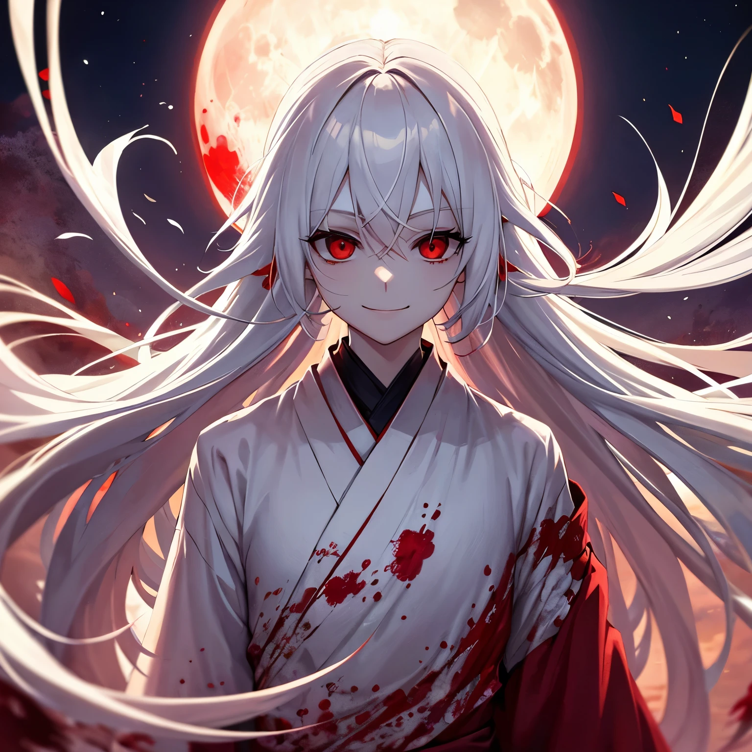 pale skin, man, long white hair, crazy bloody smile, red eyes, white kimono in blood, blade of bones from hand, moon shining on horizon
