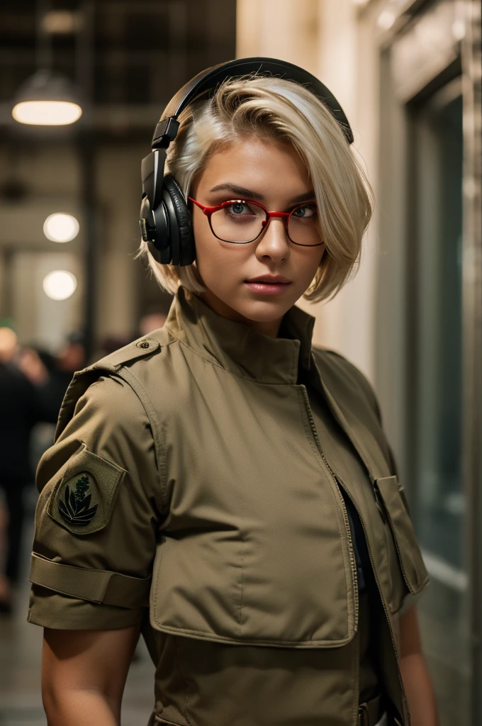 masterpiece , a girl, in battlefield, ( lite white short hair:1.2), (red eyes:1.2), (Russian Millitary Uniform:1.2), (looks at the viewer:1.2) , (8k, best quality 1.2), ultra-detailed, 8k uhd, soft lighting, high quality, film grain, beautiful lighting, cinematic ,perfect body , best illumination, best shadow, sharpness, contrast, red glasses, messy hair, tactical vest, gloves, headset, absurdres high detailed face
