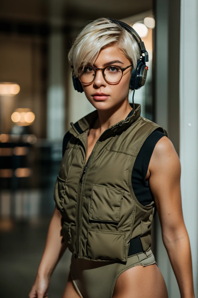 masterpiece , a girl, in battlefield, ( lite white short hair:1.2), (red eyes:1.2), (Russian Millitary Uniform:1.2), (looks at the viewer:1.2) , (8k, best quality 1.2), ultra-detailed, 8k uhd, soft lighting, high quality, film grain, beautiful lighting, cinematic ,perfect body , best illumination, best shadow, sharpness, contrast, red glasses, messy hair, tactical vest, gloves, headset, absurdres high detailed face