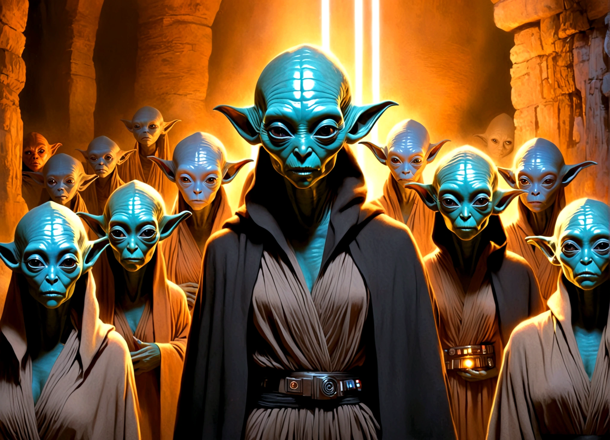 STar Wars, a coven of insane lesbian witches (many alien humanoid races, many colors, simple robe, nude underneath), in a stone archaic fortress, are doing a ritual calling on the dark side of the force to impregnate volunteers