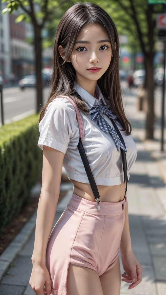 (A beautiful girl wearing clothes that accentuate her breasts with suspenders), (Cute school girl:1.3, -faced girl:1.4, Idol Face:1.2), (Cute outfits:1.3), Medium breast, Slender body line, Ultimate Beauty, ((Detailed eyes and face:1.2, Professional photography techniques)), Beautiful eyes wide open, Captivating Lips, Sexy look, (Highest quality, 8K, masterpiece:1.2, RAW Photos), (Photorealism:1.4), (Detailed hands and arms), (Perfect Anatomy)