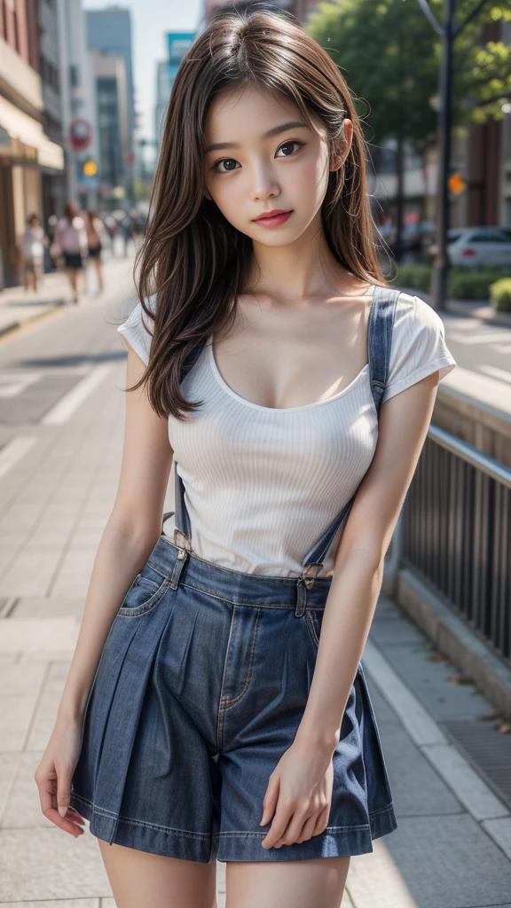 (A beautiful girl wearing clothes that accentuate her breasts with suspenders), (Cute school girl:1.3, -faced girl:1.4, Idol Face:1.2), (Cute outfits:1.3), Medium breast, Slender body line, Ultimate Beauty, ((Detailed eyes and face:1.2, Professional photography techniques)), Beautiful eyes wide open, Captivating Lips, Sexy look, (Highest quality, 8K, masterpiece:1.2, RAW Photos), (Photorealism:1.4), (Detailed hands and arms), (Perfect Anatomy)