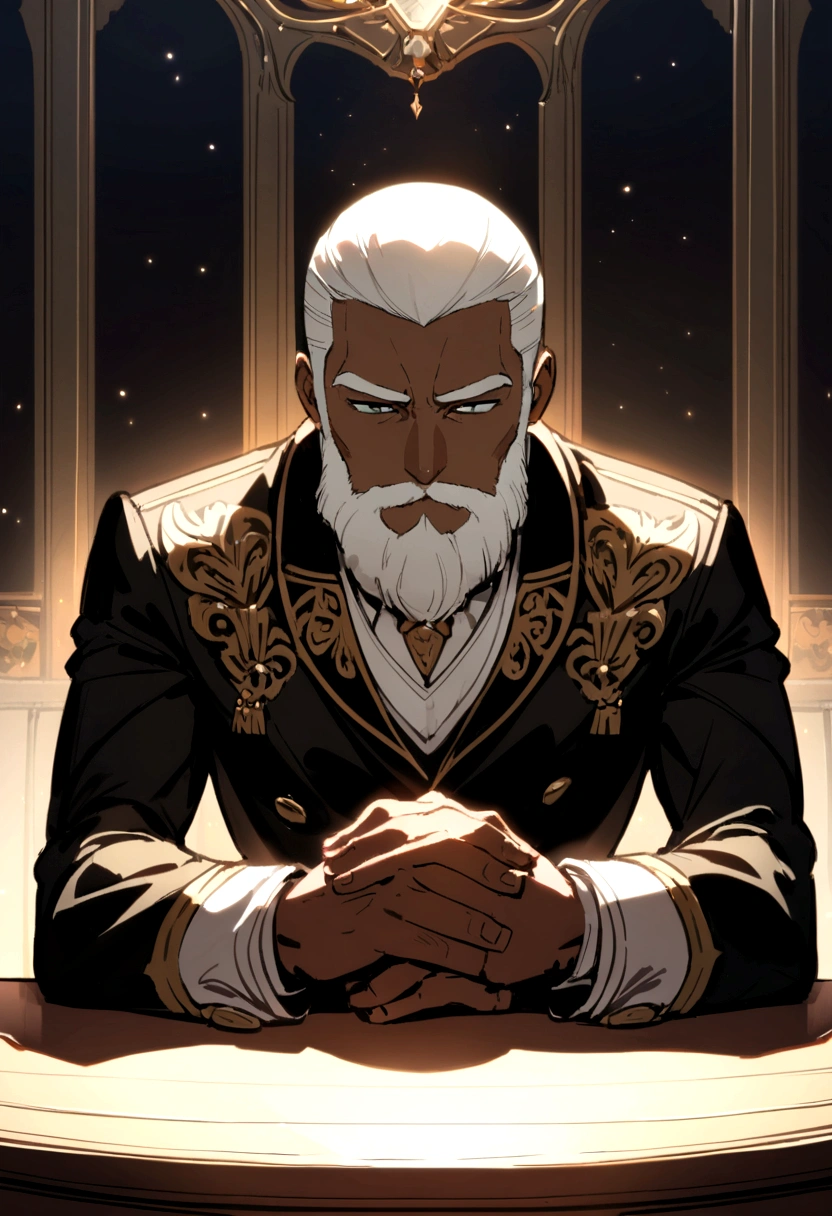 black male,de terno e gravata,baldie,with beard sitting with hands resting on table