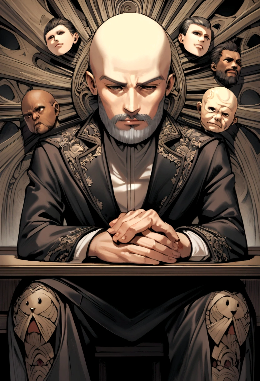 black male,de terno e gravata,baldie,with beard sitting with hands resting on table