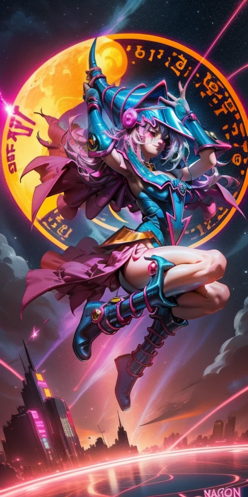 Beautiful woman dark magician girl ( neon cyberpunk ), The neon sings, neon lighting, RTX dark magician girl lighting up flying in the air. Above the city at midnight. full moon. skies of stars. Dark wizard flying