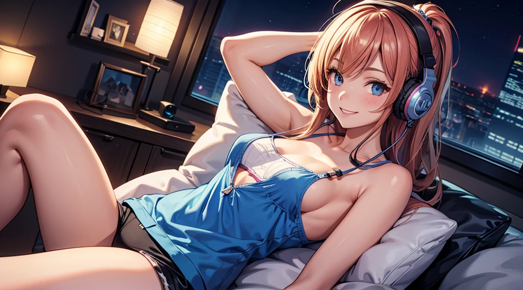 Girl with headphones enjoying music in a home　I am studying　Emphasize a little bit of the big chest　Looking this way and smiling　Night Background