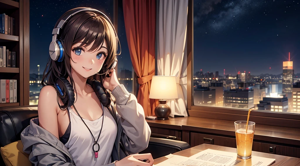 Girl with headphones enjoying music in a home I am studying Emphasize a little bit of the big chest Looking this way and smiling Night Background