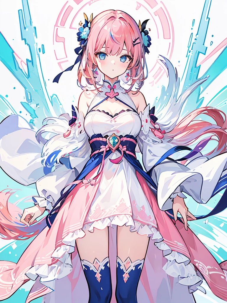 (best quality:1.3), (Artwork:1.3), (illustration:1.3), (ultra-detailed:1.3), (imid shot:0.9), 1 girl, medium breasts,blue eyes, ((pink hair ))), hair ornaments, Tall, Mature, hair