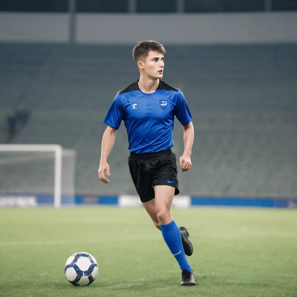 A male football player with short hair, shirt 10 of a team with blue uniform and black shorts