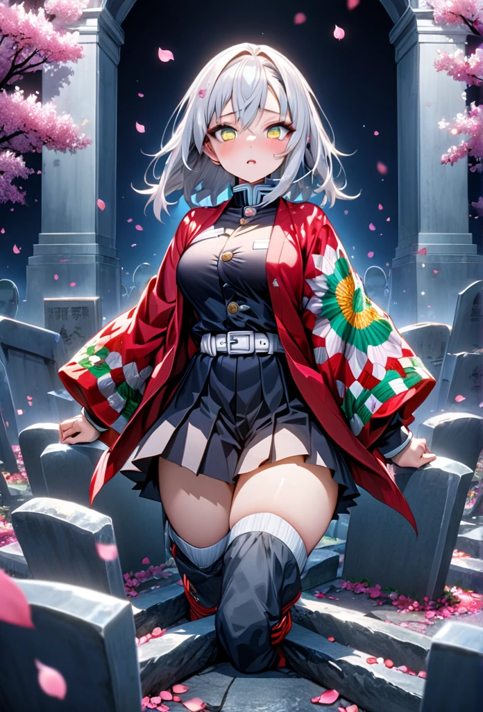 Ultra detailed, high resolution, absurd, HDR, masterpiece, anime girl, beautiful woman, long white hair with red streaks, expressive yellow eyes, red haori, black demon slayer uniform, Kimetsu No Yaiba, petals, white flowers, beautiful, woman in front of tombstones, the girl is in front of her masters' tombstones, best quality, extremely detailed face and eyes