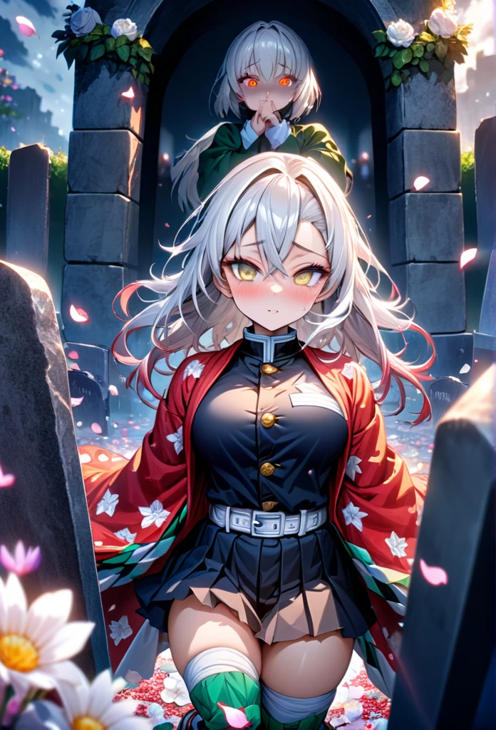 Ultra detailed, high resolution, absurd, HDR, masterpiece, anime girl, beautiful woman, long white hair with red streaks, expressive yellow eyes, red haori, black demon slayer uniform, Kimetsu No Yaiba, petals, white flowers, beautiful, woman in front of tombstones, the girl is in front of her masters' tombstones, best quality, extremely detailed face and eyes