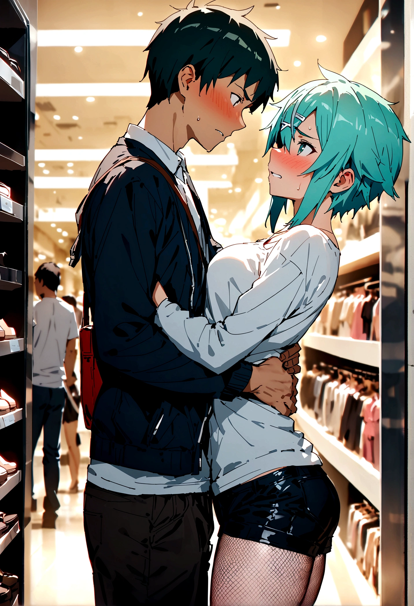 NSFW,masterpiece,Highest quality,High resolution,Super detailed,Sinon\(Sword Art Online\),Jacket,White T-shirt,cropped,Shorts,Fishnet tights,Shoulder bag,Embarrassed,expectant face,blush,Shopping mall,Lingerie Shop,Underwear section,Date,(boy),(Molestation),A man puts his hands on her waist and hugs her,A man is fingering,From the side,I feel