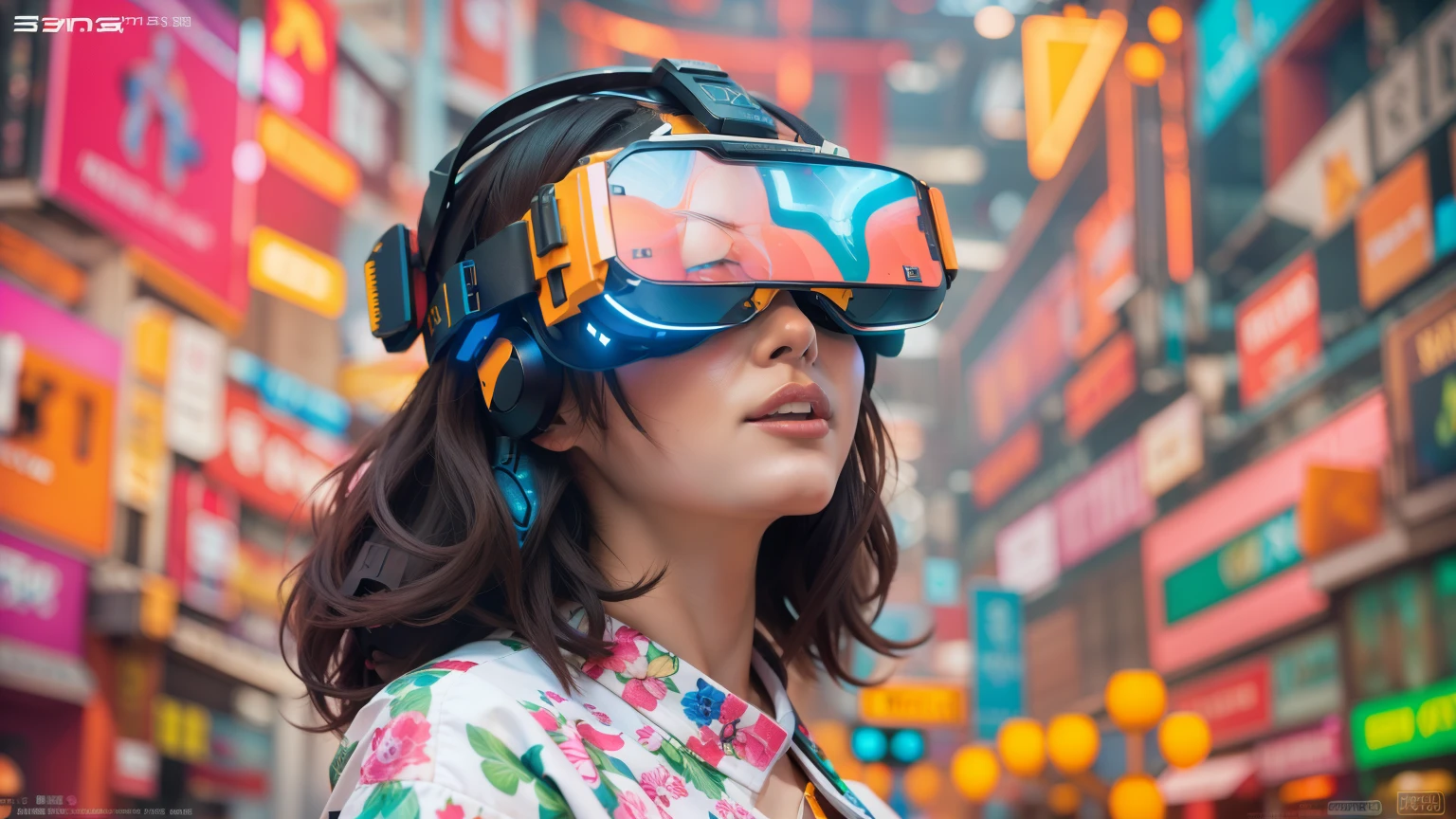 Highest quality,,High resolution,masterpiece,Super detailed,Photorealistic,Put on the VR box headset、A woman immersed in the vibrant and colorful world of the Metaverse