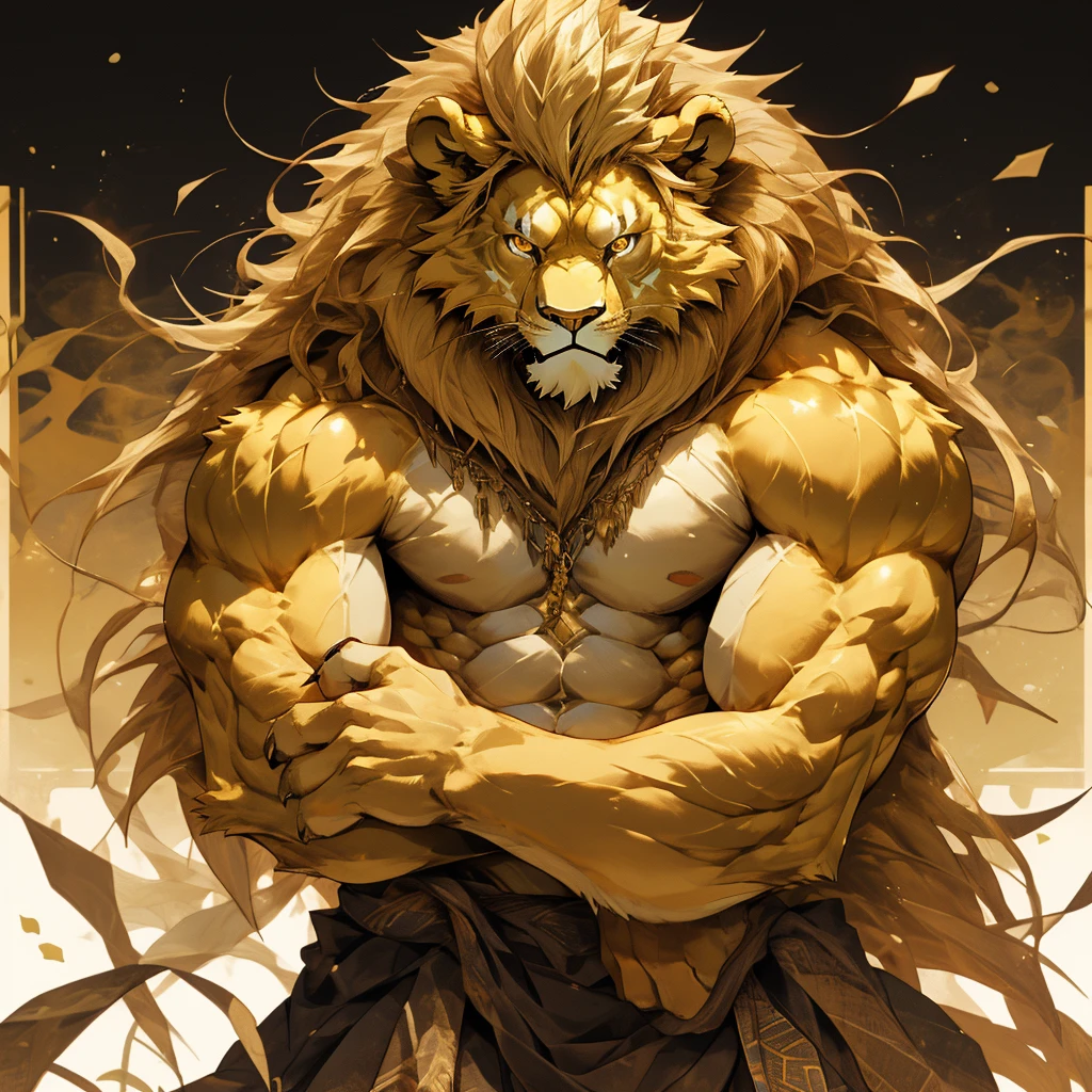 Leo, the golden lion, topless, with fine hair and well-developed muscles (Golden eyes sparkle)The background is the endless African grassland, Wild and domineering , Huge muscles, Abs ripped golden lion