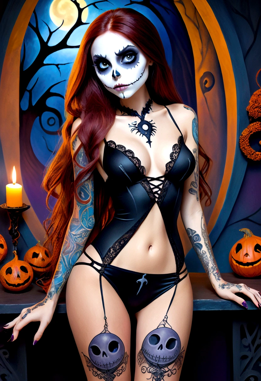 Create a hyper detailed photograph of a nightmare before Christmas tattoos young sexy stunning gorgeous sally Skellington, Stunningly perfect gorgeous face, perfect makeup, detailed vibrant eyes, long hair,detailed perfect beautiful legs, detailed perfect beautiful arms, realistic torso, detailed silky smooth skin texture, detailed silky smooth perky breast, perfect round ass, transparent strappy lace lingerie, back to viewer, looking forward,