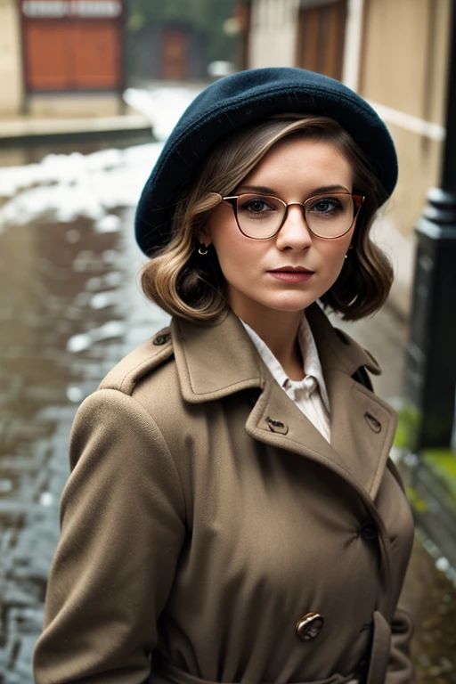 attractive Polish woman, circa 1940s, wartime, vintage film hue, fur trenchcoat, earrings, Polish village, cobblestone sidewalk, hat, wavy hair, short hair, glasses, cleavage, elegant, gloomy environment, cloudy, stormy, rain, smirking