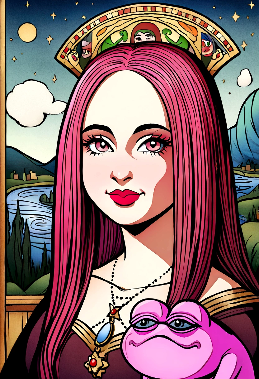 featuring a pepe woman with pink hair and a pink frog, Pepe women the Frog styled as the Mona Lisa.
