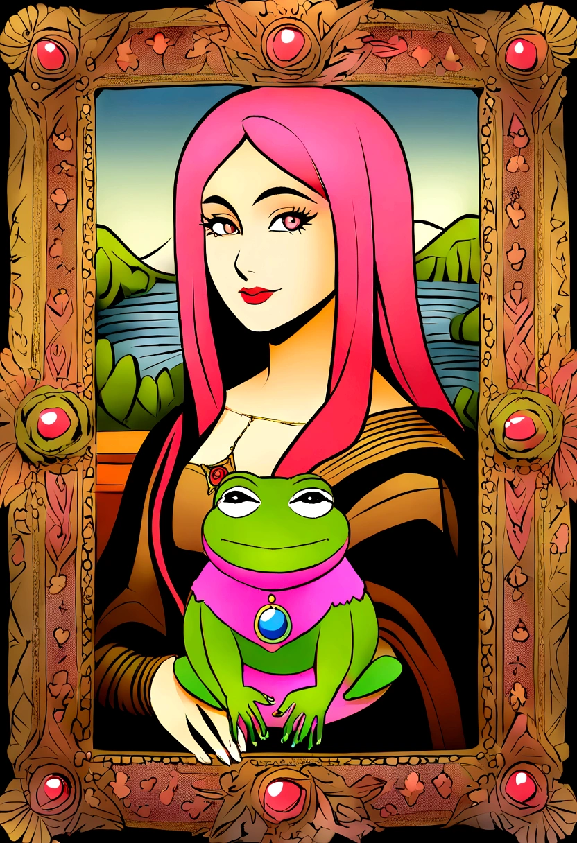 featuring a pepe woman with pink hair and a pink frog, Pepe women the Frog styled as the Mona Lisa.
