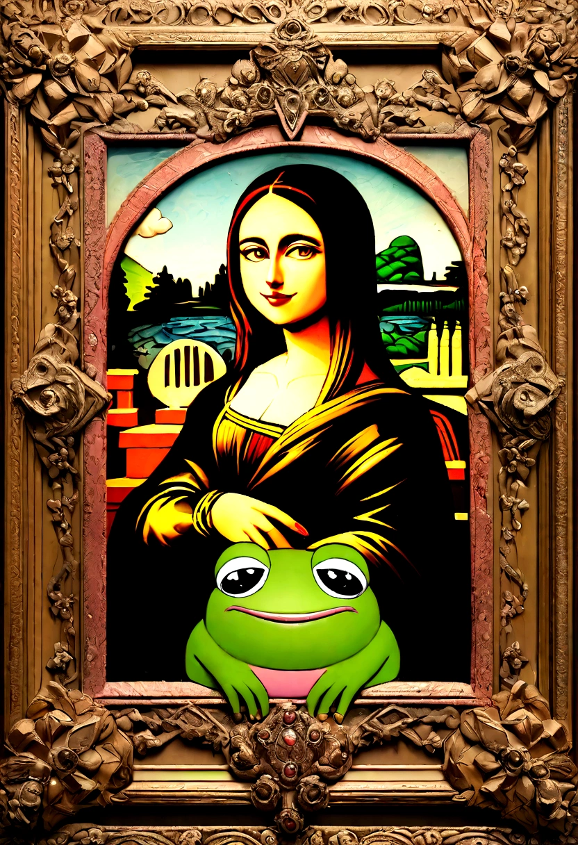 featuring a pepe woman with pink hair and a pink frog, Pepe women the Frog styled as the Mona Lisa.
