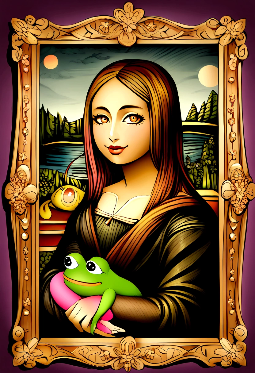 featuring a pepe woman with pink hair and a pink frog, Pepe women the Frog styled as the Mona Lisa.
