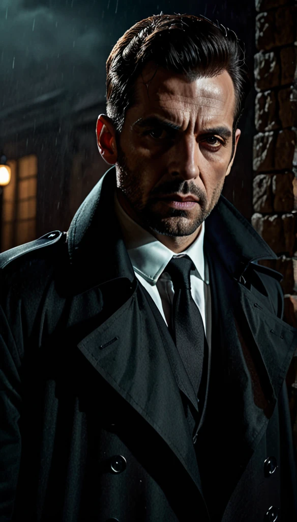 a man in a black trench coat, horror, dark atmosphere, moody lighting, dramatic shadows, cinematic composition, intense gaze, mysterious expression, ominous presence, unsettling ambiance, atmospheric, detailed facial features, realistic skin textures, high level of detail, 8k, cinematic lighting, photorealistic, masterpiece